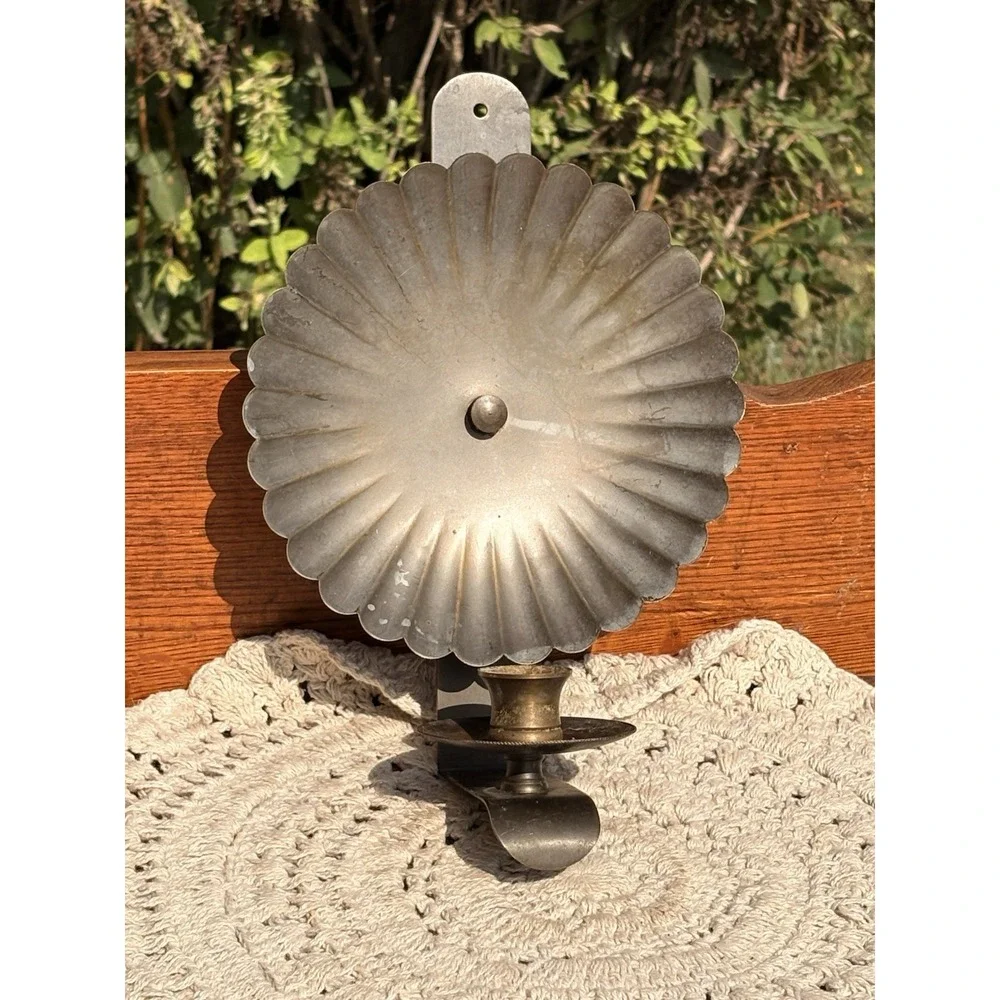 Vintage Tin Round Reflector Crimped Wall Sconce Candle Holder Prim Folk Decor